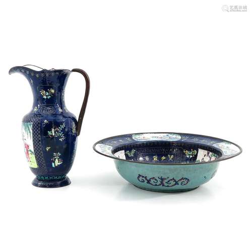 A Cantonese Enamel Bowl and Pitcher