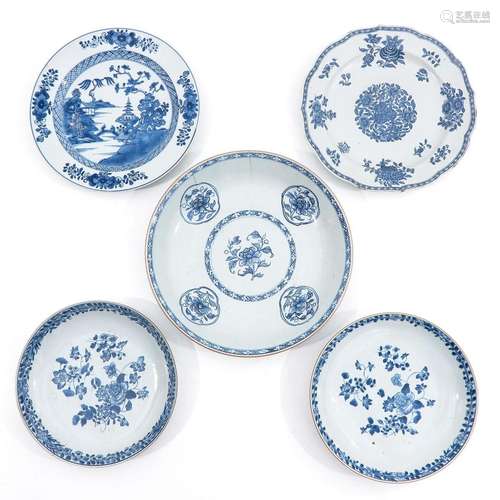 A Collection of 5 Blue and White Plates