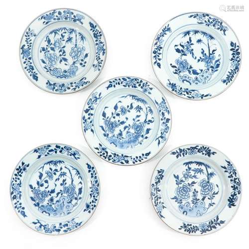 A Series of 5 Blue and White Plates