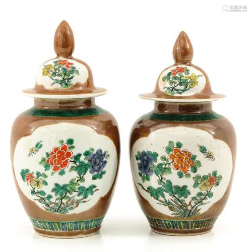 A Pair of Batavianware Jars with Covers