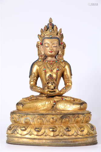 A Gilt Copper Amitayus Buddha Statue.