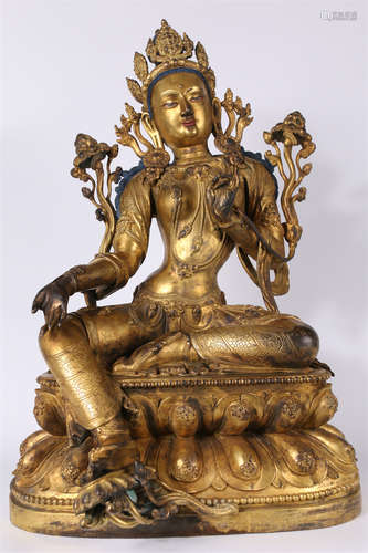 A Gilt Copper Green Tara Buddha Statue.