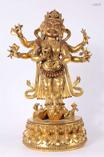 A Gilt Copper Mahakala Buddha Statue.