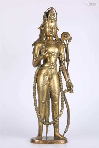 A Gilt Copper Buddha Statue, Holding Lotus.