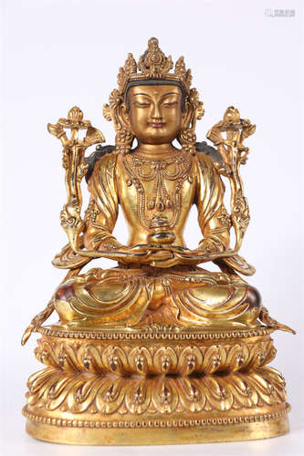 A Gilt Copper Amitayus Buddha Statue.