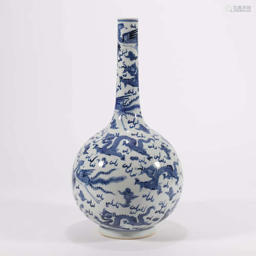 A Blue and White Dragon and Phoenix Bottle Vase