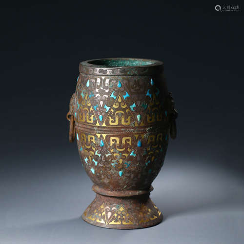 A Turquoise, Gold and Silver Inlaying Bronze Cup