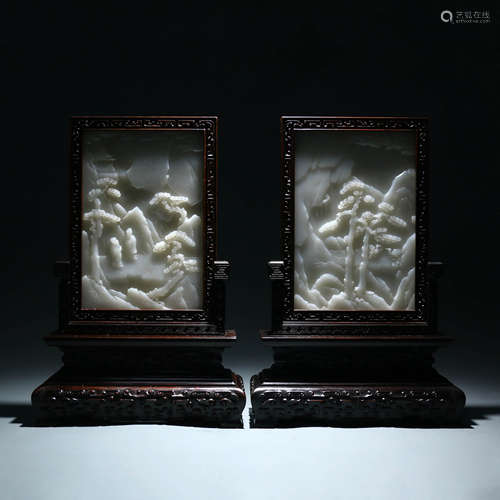 A Pair of Carved White Jade Landscape and Figure Table Scree...