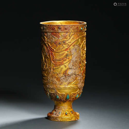 A Turquoise Inlaid Gold Mythical Beast Cup