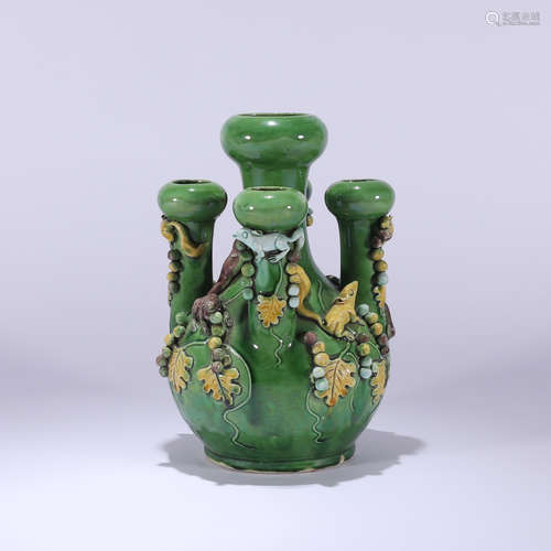 A Sancai Glaze Squirrel and Grape Five-Spouts Vase