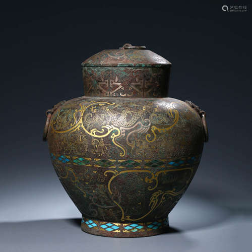 A Gold and Silver Inlaying Bronze Figure Jar and Cover