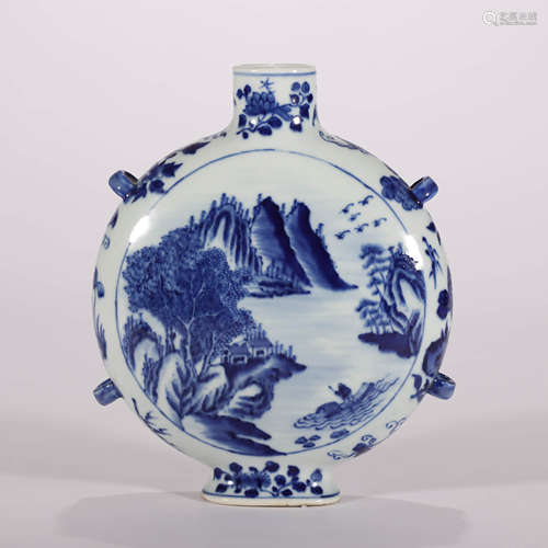 A Blue and White Landscape and Figure Moon Flask