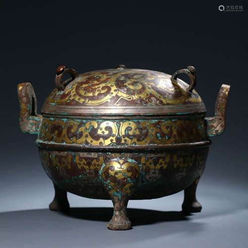 A Gold and Silver Inlaying Bronze Tripod Censer and Cover