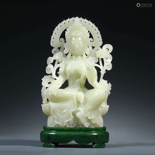 A Carved White Jade Guanyin with Jasper Jade Stand