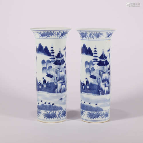 A Pair of Blue and White Figure and Landscape Vases