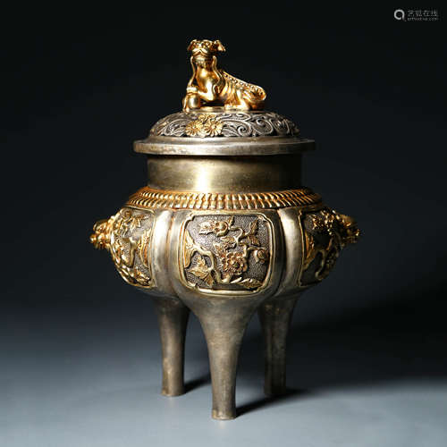 A Gilt Bronze Tripod Flower Censer and Cover