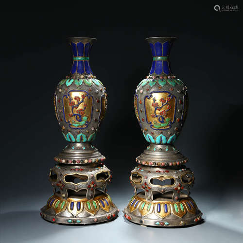 A Pair of Hard Stone Inlaid Bronze Vases