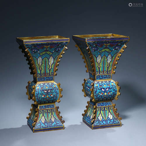 A Pair of Cloisonne Enamel Beaker Vases