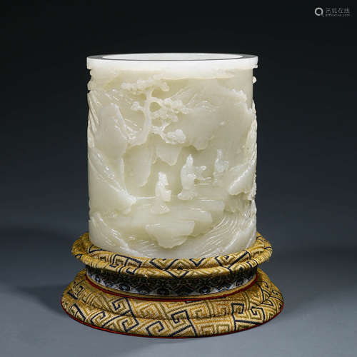 A Carved White Jade Figure and Landscape Brush Pot