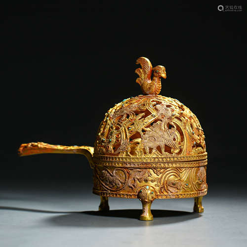 A Turquoise Inlaid Gold Phoenix Censer and Cover