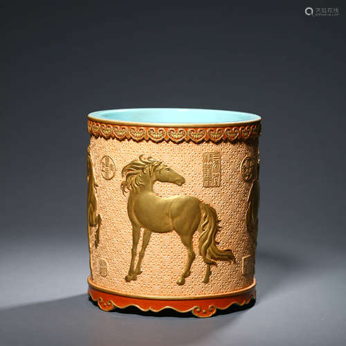 A Gilt Decorated Iron Red Glaze Horse Brush Pot