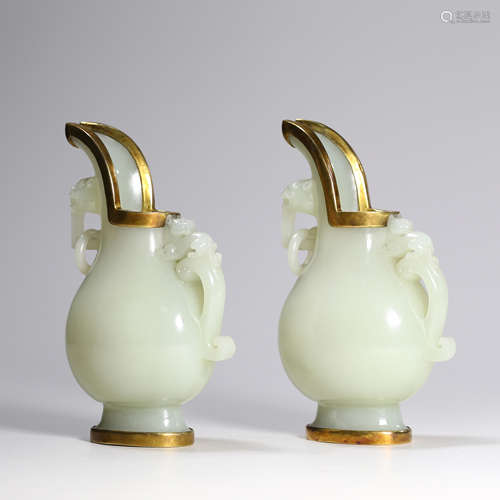 A Pair of Two Gold Coating White Jade Cups