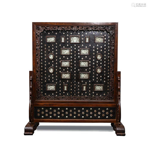 A Jade Inlaid Sandalwood Table Screen