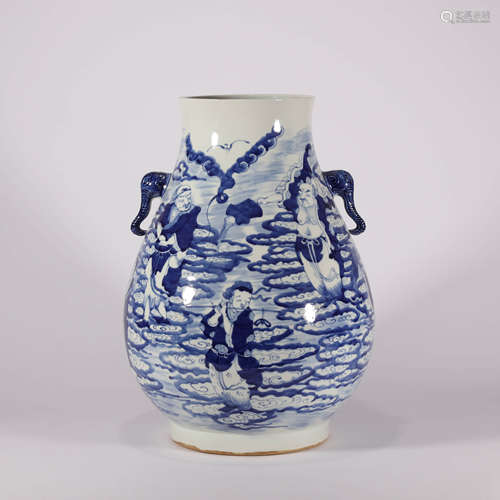 A Blue and White Figure Elephant-Eared Zun Vase