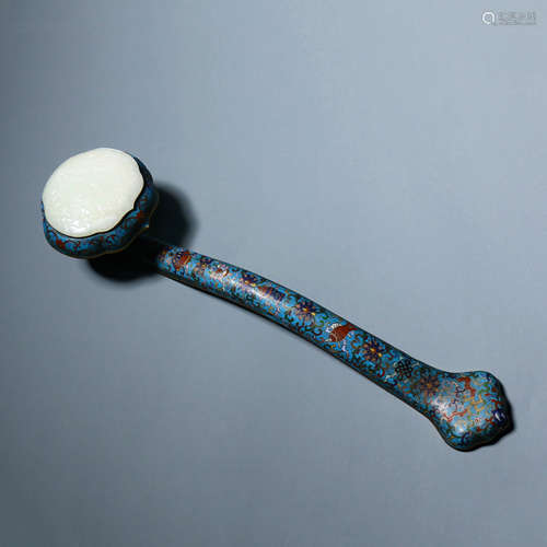 A Jade Inlaid Cloisonne Enamel Ruyi Sceptre