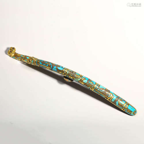 A Turquoise, Gold and Silver Inlaying Bronze Dragon Belt Hoo...