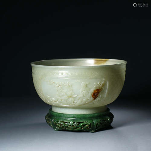 A Relief Decorated Jade Figure Bowl with Jasper Jade Stand