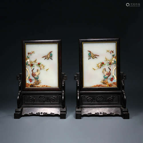 A Pair of Hard Stone Inlaid Shoushan Stone Table Screens