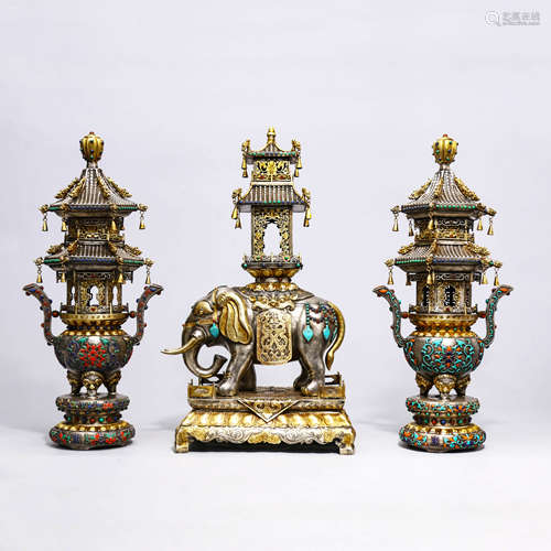 Three Inlaid Gilt Bronze Censers