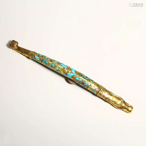 A Turquoise, Gold and Silver Inlaying Bronze Dragon Belt Hoo...