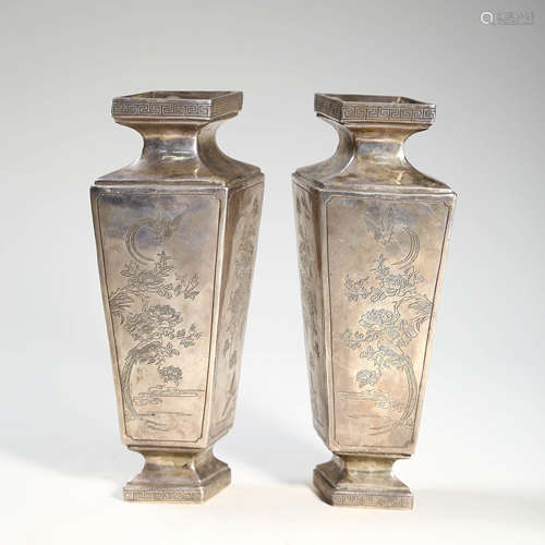 A Pair of Silver Flower and Bird Square Vases