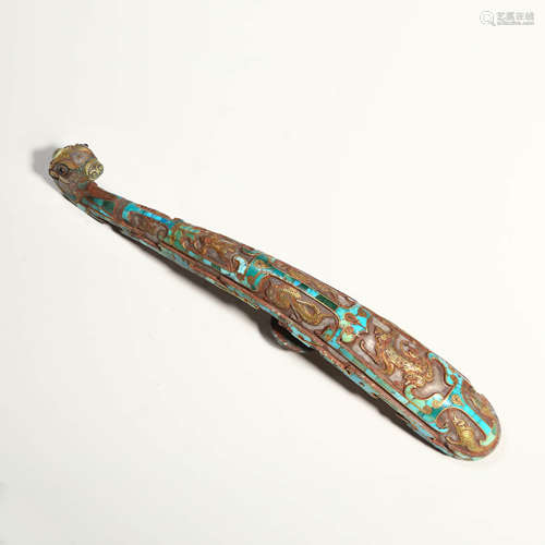 A Turquoise, Gold and Silver Inlaying Bronze Dragon Belt Hoo...