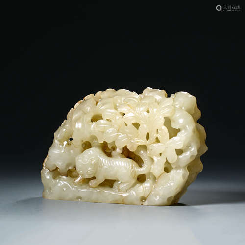 A Carved White Jade Landscape and Tiger Ornament