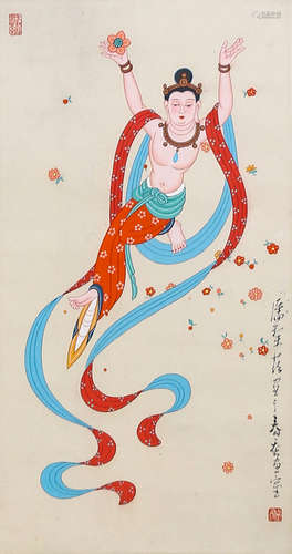 A Chinese Apsaras Painting Scroll, Pan Jiezi Mark