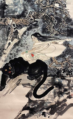 A Chinese Figure Painting Paper Scroll, Liu Danzhai Mark