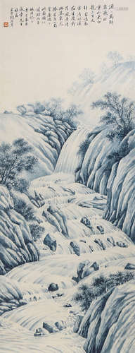 A Chinese Landscape Painting Paper Scroll, Tao Lengyue Mark