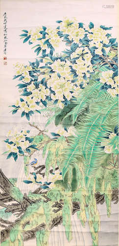 A Chinese Flower and Bird Painting Scroll, Zhou Yancheng Mar...