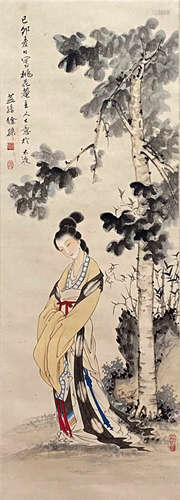 A Chinese Figure Painting Paper Scroll, Xu Yansun Mark