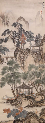 A Chinese Pine and Crane Painting Scroll, Lu Xiaoman Mark