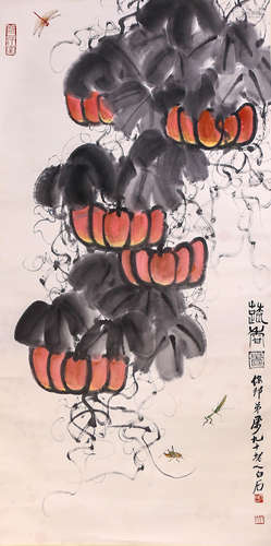 A Chinese Pumpkin Painting Scroll, Qi Baishi Mark