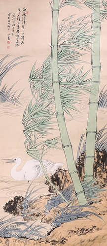 A Chinese Bamboo and Rock Painting Scroll, Pu Xinyu Mark