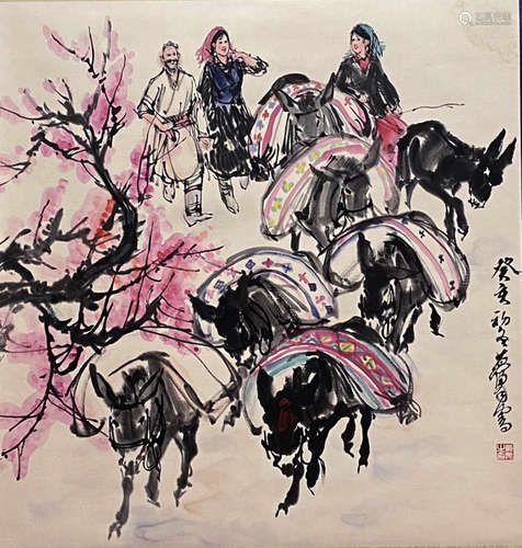 A Chinese Figure and Donkey Painting Paper Scroll, Huang Zho...