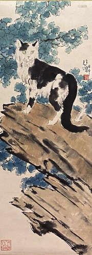 A Chinese Cat Painting Paper Scroll, Xu Beihong Mark