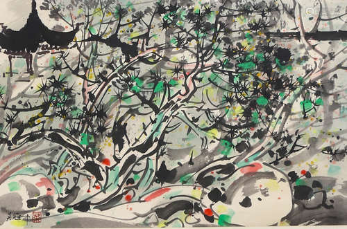 A Chinese Landscape Painting Paper Scroll, Wu Guanzhong Mark