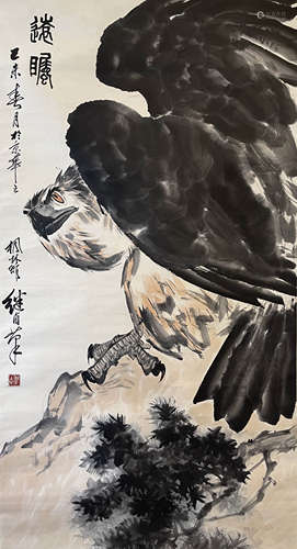 A Chinese Eagle Painting Paper Scroll, Liu Jiyou Mark