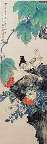 A Chinese Flower&Bird Painting Paper Scroll, Yan Bolong Mark